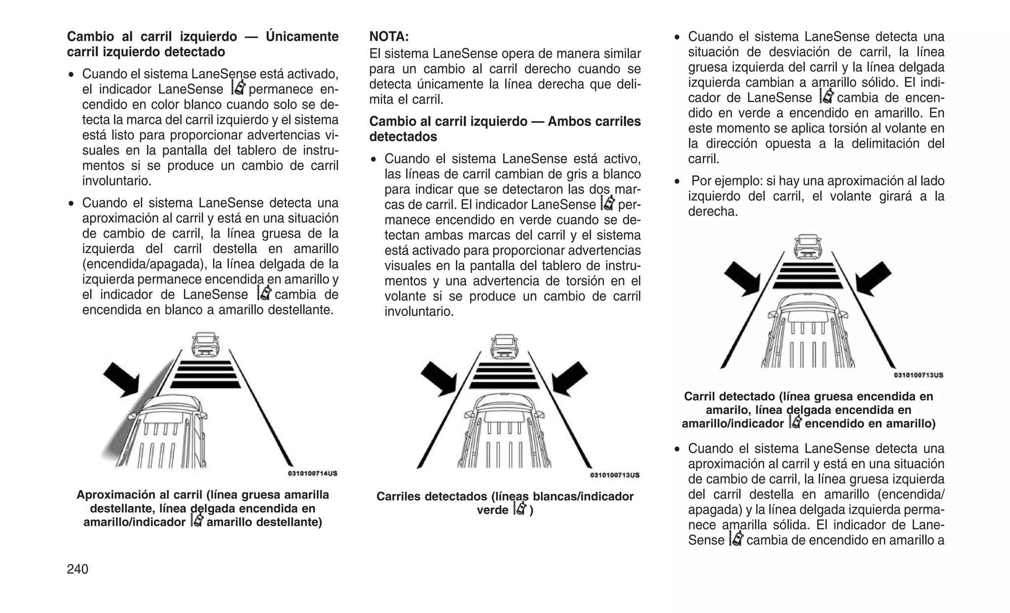 Cambio al carril izquierdo — Únicamente
carril izquierdo detectado
• Cuando el sistema LaneSense está activado,
el indicador LaneSense permanece en-
cendido en color blanco cuando solo se de-
tecta la marca del carril izquierdo y el sistema
está listo para proporcionar advertencias vi-
suales en la pantalla del tablero de instru-
mentos si se produce un cambio de carril
involuntario.
• Cuando el sistema LaneSense detecta una
aproximación al carril y está en una situación
de cambio de carril, la línea gruesa de la
izquierda del carril destella en amarillo
(encendida/apagada), la línea delgada de la
izquierda permanece encendida en amarillo y
el indicador de LaneSense cambia de
encendida en blanco a amarillo destellante.
NOTA:
El sistema LaneSense opera de manera similar
para un cambio al carril derecho cuando se
detecta únicamente la línea derecha que deli-
mita el carril.
Cambio al carril izquierdo — Ambos carriles
detectados
• Cuando el sistema LaneSense está activo,
las líneas de carril cambian de gris a blanco
para indicar que se detectaron las dos mar-
cas de carril. El indicador LaneSense per-
manece encendido en verde cuando se de-
tectan ambas marcas del carril y el sistema
está activado para proporcionar advertencias
visuales en la pantalla del tablero de instru-
mentos y una advertencia de torsión en el
volante si se produce un cambio de carril
involuntario.
• Cuando el sistema LaneSense detecta una
situación de desviación de carril, la línea
gruesa izquierda del carril y la línea delgada
izquierda cambian a amarillo sólido. El indi-
cador de LaneSense cambia de encen-
dido en verde a encendido en amarillo. En
este momento se aplica torsión al volante en
la dirección opuesta a la delimitación del
carril.
• Por ejemplo: si hay una aproximación al lado
izquierdo del carril, el volante girará a la
derecha.
• Cuando el sistema LaneSense detecta una
aproximación al carril y está en una situación
de cambio de carril, la línea gruesa izquierda
del carril destella en amarillo (encendida/
apagada) y la línea delgada izquierda perma-
nece amarilla sólida. El indicador de Lane-
Sense cambia de encendido en amarillo a
Aproximación al carril (línea gruesa amarilla
destellante, línea delgada encendida en
amarillo/indicador amarillo destellante)
Carriles detectados (líneas blancas/indicador
verde )
Carril detectado (línea gruesa encendida en
amarilo, línea delgada encendida en
amarillo/indicador encendido en amarillo)
240
 