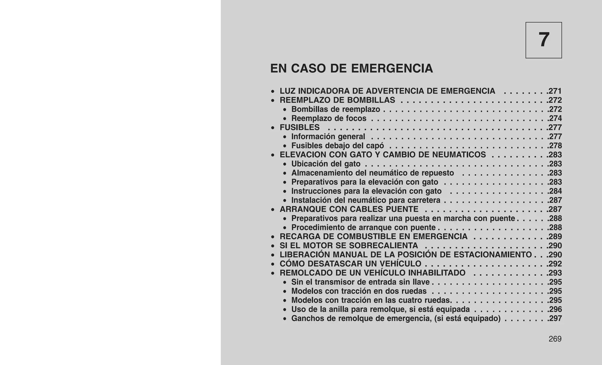 7
EN CASO DE EMERGENCIA
• LUZ INDICADORA DE ADVERTENCIA DE EMERGENCIA . . . . . . . .271
• REEMPLAZO DE BOMBILLAS . . . . . . . . . . . . . . . . . . . . . . . . .272
• Bombillas de reemplazo . . . . . . . . . . . . . . . . . . . . . . . . . . . .272
• Reemplazo de focos . . . . . . . . . . . . . . . . . . . . . . . . . . . . . .274
• FUSIBLES . . . . . . . . . . . . . . . . . . . . . . . . . . . . . . . . . . . . .277
• Información general . . . . . . . . . . . . . . . . . . . . . . . . . . . . . .277
• Fusibles debajo del capó . . . . . . . . . . . . . . . . . . . . . . . . . . .278
• ELEVACION CON GATO Y CAMBIO DE NEUMATICOS . . . . . . . . . .283
• Ubicación del gato . . . . . . . . . . . . . . . . . . . . . . . . . . . . . . .283
• Almacenamiento del neumático de repuesto . . . . . . . . . . . . . . .283
• Preparativos para la elevación con gato . . . . . . . . . . . . . . . . . .283
• Instrucciones para la elevación con gato . . . . . . . . . . . . . . . . .284
• Instalación del neumático para carretera . . . . . . . . . . . . . . . . . .287
• ARRANQUE CON CABLES PUENTE . . . . . . . . . . . . . . . . . . . . .287
• Preparativos para realizar una puesta en marcha con puente . . . . . .288
• Procedimiento de arranque con puente . . . . . . . . . . . . . . . . . . .288
• RECARGA DE COMBUSTIBLE EN EMERGENCIA . . . . . . . . . . . . .289
• SI EL MOTOR SE SOBRECALIENTA . . . . . . . . . . . . . . . . . . . . .290
• LIBERACIÓN MANUAL DE LA POSICIÓN DE ESTACIONAMIENTO . . .290
• CÓMO DESATASCAR UN VEHÍCULO . . . . . . . . . . . . . . . . . . . . .292
• REMOLCADO DE UN VEHÍCULO INHABILITADO . . . . . . . . . . . . .293
• Sin el transmisor de entrada sin llave . . . . . . . . . . . . . . . . . . . .295
• Modelos con tracción en dos ruedas . . . . . . . . . . . . . . . . . . . .295
• Modelos con tracción en las cuatro ruedas. . . . . . . . . . . . . . . . .295
• Uso de la anilla para remolque, si está equipada . . . . . . . . . . . . .296
• Ganchos de remolque de emergencia, (si está equipado) . . . . . . . .297
269
 