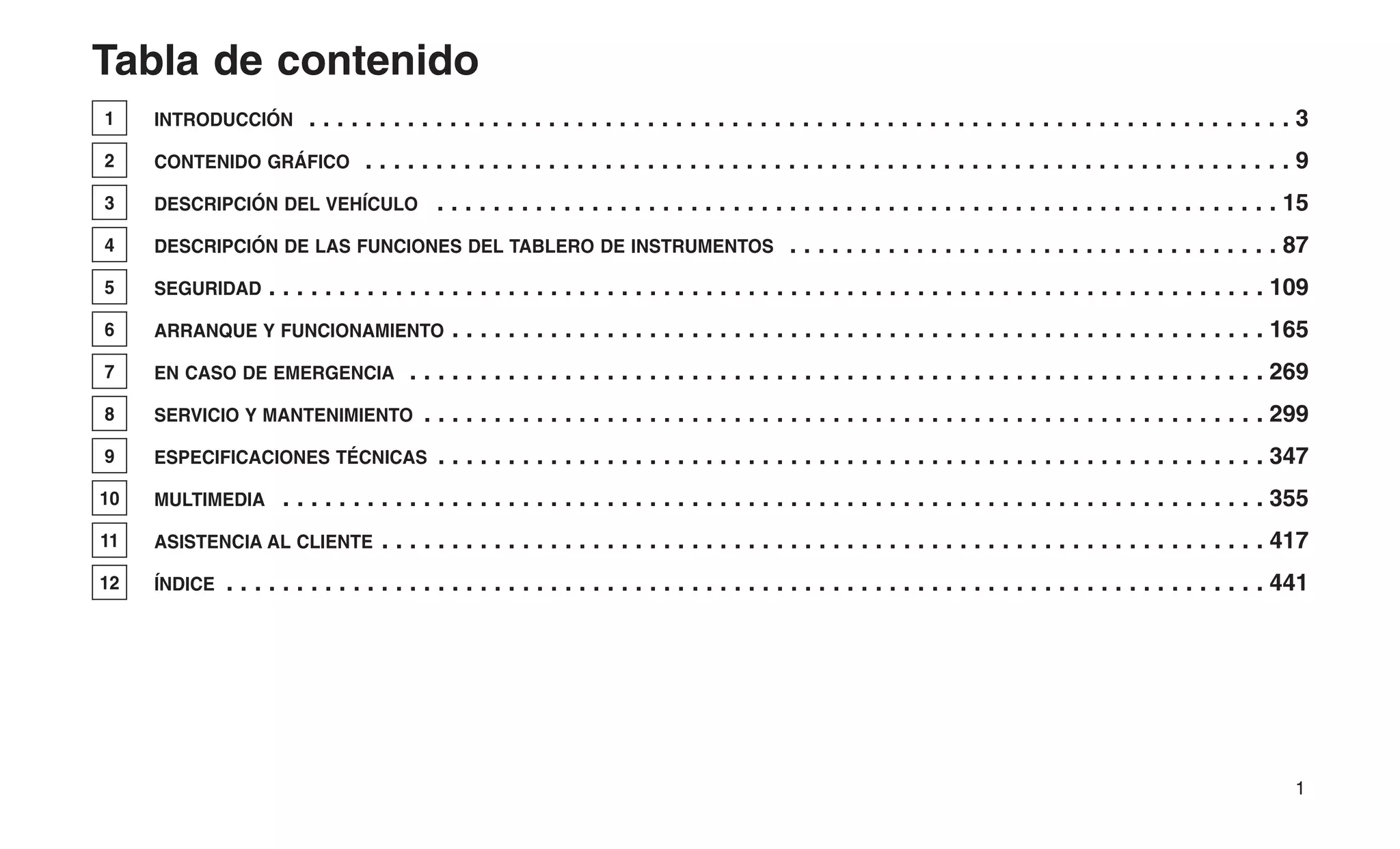 Tabla de contenido
1 INTRODUCCIÓN . . . . . . . . . . . . . . . . . . . . . . . . . . . . . . . . . . . . . . . . . . . . . . . . . . . . . . . . . . . . . . . . . . . . . . 3
2 CONTENIDO GRÁFICO . . . . . . . . . . . . . . . . . . . . . . . . . . . . . . . . . . . . . . . . . . . . . . . . . . . . . . . . . . . . . . . . . . 9
3 DESCRIPCIÓN DEL VEHÍCULO . . . . . . . . . . . . . . . . . . . . . . . . . . . . . . . . . . . . . . . . . . . . . . . . . . . . . . . . . . . . 15
4 DESCRIPCIÓN DE LAS FUNCIONES DEL TABLERO DE INSTRUMENTOS . . . . . . . . . . . . . . . . . . . . . . . . . . . . . . . . . . . 87
5 SEGURIDAD . . . . . . . . . . . . . . . . . . . . . . . . . . . . . . . . . . . . . . . . . . . . . . . . . . . . . . . . . . . . . . . . . . . . . . . 109
6 ARRANQUE Y FUNCIONAMIENTO . . . . . . . . . . . . . . . . . . . . . . . . . . . . . . . . . . . . . . . . . . . . . . . . . . . . . . . . . . 165
7 EN CASO DE EMERGENCIA . . . . . . . . . . . . . . . . . . . . . . . . . . . . . . . . . . . . . . . . . . . . . . . . . . . . . . . . . . . . . 269
8 SERVICIO Y MANTENIMIENTO . . . . . . . . . . . . . . . . . . . . . . . . . . . . . . . . . . . . . . . . . . . . . . . . . . . . . . . . . . . . 299
9 ESPECIFICACIONES TÉCNICAS . . . . . . . . . . . . . . . . . . . . . . . . . . . . . . . . . . . . . . . . . . . . . . . . . . . . . . . . . . . 347
10 MULTIMEDIA . . . . . . . . . . . . . . . . . . . . . . . . . . . . . . . . . . . . . . . . . . . . . . . . . . . . . . . . . . . . . . . . . . . . . . 355
11 ASISTENCIA AL CLIENTE . . . . . . . . . . . . . . . . . . . . . . . . . . . . . . . . . . . . . . . . . . . . . . . . . . . . . . . . . . . . . . . 417
12 ÍNDICE . . . . . . . . . . . . . . . . . . . . . . . . . . . . . . . . . . . . . . . . . . . . . . . . . . . . . . . . . . . . . . . . . . . . . . . . . . 441
1
 