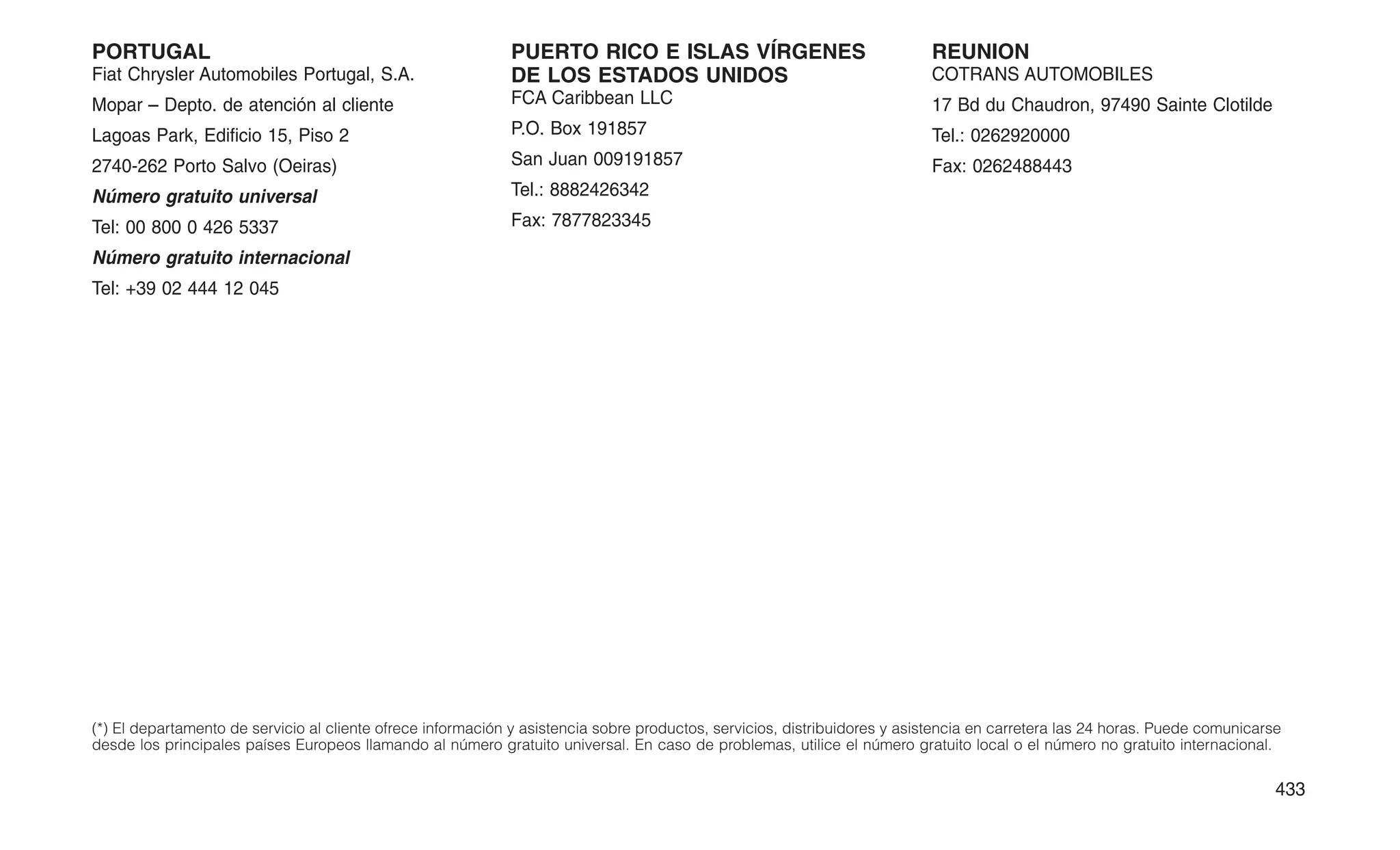 PORTUGAL
Fiat Chrysler Automobiles Portugal, S.A.
Mopar – Depto. de atención al cliente
Lagoas Park, Edificio 15, Piso 2
2740-262 Porto Salvo (Oeiras)
Número gratuito universal
Tel: 00 800 0 426 5337
Número gratuito internacional
Tel: +39 02 444 12 045
PUERTO RICO E ISLAS VÍRGENES
DE LOS ESTADOS UNIDOS
FCA Caribbean LLC
P.O. Box 191857
San Juan 009191857
Tel.: 8882426342
Fax: 7877823345
REUNION
COTRANS AUTOMOBILES
17 Bd du Chaudron, 97490 Sainte Clotilde
Tel.: 0262920000
Fax: 0262488443
(*) El departamento de servicio al cliente ofrece información y asistencia sobre productos, servicios, distribuidores y asistencia en carretera las 24 horas. Puede comunicarse
desde los principales países Europeos llamando al número gratuito universal. En caso de problemas, utilice el número gratuito local o el número no gratuito internacional.
433
 