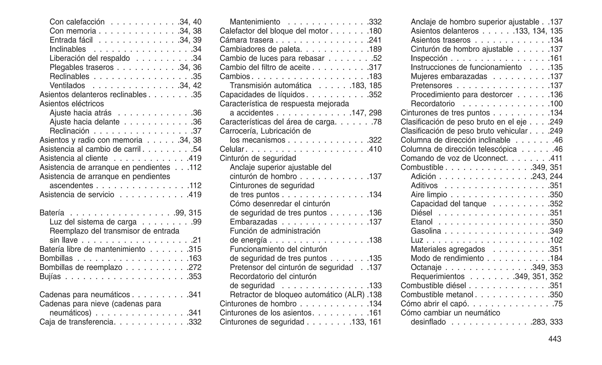 Con calefacción . . . . . . . . . . . .34, 40
Con memoria . . . . . . . . . . . . . .34, 38
Entrada fácil . . . . . . . . . . . . . .34, 39
Inclinables . . . . . . . . . . . . . . . . .34
Liberación del respaldo . . . . . . . . . .34
Plegables traseros . . . . . . . . . . .34, 36
Reclinables . . . . . . . . . . . . . . . . .35
Ventilados . . . . . . . . . . . . . . .34, 42
Asientos delanteros reclinables . . . . . . . .35
Asientos eléctricos
Ajuste hacia atrás . . . . . . . . . . . . .36
Ajuste hacia delante . . . . . . . . . . . .36
Reclinación . . . . . . . . . . . . . . . . .37
Asientos y radio con memoria . . . . . .34, 38
Asistencia al cambio de carril . . . . . . . . .54
Asistencia al cliente . . . . . . . . . . . . .419
Asistencia de arranque en pendientes . . .112
Asistencia de arranque en pendientes
ascendentes . . . . . . . . . . . . . . . .112
Asistencia de servicio . . . . . . . . . . . .419
Batería . . . . . . . . . . . . . . . . . .99, 315
Luz del sistema de carga . . . . . . . . .99
Reemplazo del transmisor de entrada
sin llave . . . . . . . . . . . . . . . . . . .21
Batería libre de mantenimiento . . . . . . .315
Bombillas . . . . . . . . . . . . . . . . . . .163
Bombillas de reemplazo . . . . . . . . . . .272
Bujías . . . . . . . . . . . . . . . . . . . . .353
Cadenas para neumáticos . . . . . . . . . .341
Cadenas para nieve (cadenas para
neumáticos) . . . . . . . . . . . . . . . .341
Caja de transferencia. . . . . . . . . . . . .332
Mantenimiento . . . . . . . . . . . . . .332
Calefactor del bloque del motor . . . . . . .180
Cámara trasera . . . . . . . . . . . . . . . .241
Cambiadores de paleta. . . . . . . . . . . .189
Cambio de luces para rebasar . . . . . . . .52
Cambio del filtro de aceite . . . . . . . . . .317
Cambios . . . . . . . . . . . . . . . . . . . .183
Transmisión automática . . . . . .183, 185
Capacidades de líquidos . . . . . . . . . . .352
Característica de respuesta mejorada
a accidentes . . . . . . . . . . . . .147, 298
Características del área de carga. . . . . . .78
Carrocería, Lubricación de
los mecanismos . . . . . . . . . . . . . .322
Celular . . . . . . . . . . . . . . . . . . . . .410
Cinturón de seguridad
Anclaje superior ajustable del
cinturón de hombro . . . . . . . . . . . .137
Cinturones de seguridad
de tres puntos . . . . . . . . . . . . . . .134
Cómo desenredar el cinturón
de seguridad de tres puntos . . . . . . .136
Embarazadas . . . . . . . . . . . . . . .137
Función de administración
de energía . . . . . . . . . . . . . . . . .138
Funcionamiento del cinturón
de seguridad de tres puntos . . . . . . .135
Pretensor del cinturón de seguridad . .137
Recordatorio del cinturón
de seguridad . . . . . . . . . . . . . . .133
Retractor de bloqueo automático (ALR) .138
Cinturones de hombro . . . . . . . . . . . .134
Cinturones de los asientos. . . . . . . . . .161
Cinturones de seguridad . . . . . . . .133, 161
Anclaje de hombro superior ajustable . .137
Asientos delanteros . . . . . .133, 134, 135
Asientos traseros . . . . . . . . . . . . .134
Cinturón de hombro ajustable . . . . . .137
Inspección . . . . . . . . . . . . . . . . .161
Instrucciones de funcionamiento . . . .135
Mujeres embarazadas . . . . . . . . . .137
Pretensores . . . . . . . . . . . . . . . .137
Procedimiento para destorcer . . . . . .136
Recordatorio . . . . . . . . . . . . . . .100
Cinturones de tres puntos . . . . . . . . . .134
Clasificación de peso bruto en el eje . . . .249
Clasificación de peso bruto vehicular . . . .249
Columna de dirección inclinable . . . . . . .46
Columna de dirección telescópica . . . . . .46
Comando de voz de Uconnect. . . . . . . .411
Combustible . . . . . . . . . . . . . . .349, 351
Adición . . . . . . . . . . . . . . . .243, 244
Aditivos . . . . . . . . . . . . . . . . . .351
Aire limpio . . . . . . . . . . . . . . . . .350
Capacidad del tanque . . . . . . . . . .352
Diésel . . . . . . . . . . . . . . . . . . .351
Etanol . . . . . . . . . . . . . . . . . . .350
Gasolina . . . . . . . . . . . . . . . . . .349
Luz . . . . . . . . . . . . . . . . . . . . .102
Materiales agregados . . . . . . . . . .351
Modo de rendimiento . . . . . . . . . . .184
Octanaje . . . . . . . . . . . . . . .349, 353
Requerimientos . . . . . . . .349, 351, 352
Combustible diésel . . . . . . . . . . . . . .351
Combustible metanol . . . . . . . . . . . . .350
Cómo abrir el capó. . . . . . . . . . . . . . .75
Cómo cambiar un neumático
desinflado . . . . . . . . . . . . . .283, 333
443
 