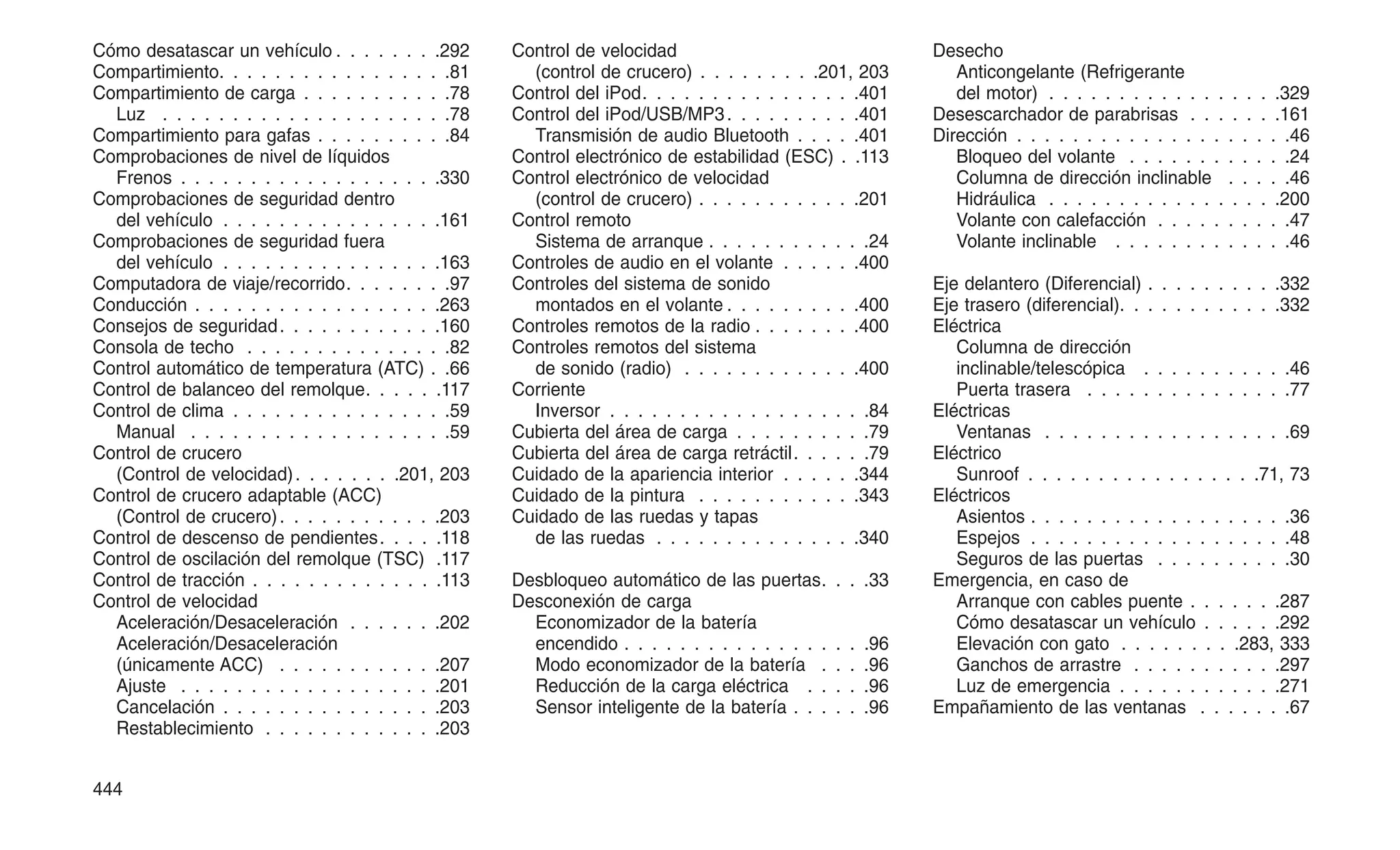 Cómo desatascar un vehículo . . . . . . . .292
Compartimiento. . . . . . . . . . . . . . . . .81
Compartimiento de carga . . . . . . . . . . .78
Luz . . . . . . . . . . . . . . . . . . . . .78
Compartimiento para gafas . . . . . . . . . .84
Comprobaciones de nivel de líquidos
Frenos . . . . . . . . . . . . . . . . . . .330
Comprobaciones de seguridad dentro
del vehículo . . . . . . . . . . . . . . . .161
Comprobaciones de seguridad fuera
del vehículo . . . . . . . . . . . . . . . .163
Computadora de viaje/recorrido. . . . . . . .97
Conducción . . . . . . . . . . . . . . . . . .263
Consejos de seguridad. . . . . . . . . . . .160
Consola de techo . . . . . . . . . . . . . . .82
Control automático de temperatura (ATC) . .66
Control de balanceo del remolque. . . . . .117
Control de clima . . . . . . . . . . . . . . . .59
Manual . . . . . . . . . . . . . . . . . . .59
Control de crucero
(Control de velocidad). . . . . . . .201, 203
Control de crucero adaptable (ACC)
(Control de crucero). . . . . . . . . . . .203
Control de descenso de pendientes. . . . .118
Control de oscilación del remolque (TSC) .117
Control de tracción . . . . . . . . . . . . . .113
Control de velocidad
Aceleración/Desaceleración . . . . . . .202
Aceleración/Desaceleración
(únicamente ACC) . . . . . . . . . . . .207
Ajuste . . . . . . . . . . . . . . . . . . .201
Cancelación . . . . . . . . . . . . . . . .203
Restablecimiento . . . . . . . . . . . . .203
Control de velocidad
(control de crucero) . . . . . . . . .201, 203
Control del iPod. . . . . . . . . . . . . . . .401
Control del iPod/USB/MP3. . . . . . . . . .401
Transmisión de audio Bluetooth . . . . .401
Control electrónico de estabilidad (ESC) . .113
Control electrónico de velocidad
(control de crucero) . . . . . . . . . . . .201
Control remoto
Sistema de arranque . . . . . . . . . . . .24
Controles de audio en el volante . . . . . .400
Controles del sistema de sonido
montados en el volante . . . . . . . . . .400
Controles remotos de la radio . . . . . . . .400
Controles remotos del sistema
de sonido (radio) . . . . . . . . . . . . .400
Corriente
Inversor . . . . . . . . . . . . . . . . . . .84
Cubierta del área de carga . . . . . . . . . .79
Cubierta del área de carga retráctil. . . . . .79
Cuidado de la apariencia interior . . . . . .344
Cuidado de la pintura . . . . . . . . . . . .343
Cuidado de las ruedas y tapas
de las ruedas . . . . . . . . . . . . . . .340
Desbloqueo automático de las puertas. . . .33
Desconexión de carga
Economizador de la batería
encendido . . . . . . . . . . . . . . . . . .96
Modo economizador de la batería . . . .96
Reducción de la carga eléctrica . . . . .96
Sensor inteligente de la batería . . . . . .96
Desecho
Anticongelante (Refrigerante
del motor) . . . . . . . . . . . . . . . . .329
Desescarchador de parabrisas . . . . . . .161
Dirección . . . . . . . . . . . . . . . . . . . .46
Bloqueo del volante . . . . . . . . . . . .24
Columna de dirección inclinable . . . . .46
Hidráulica . . . . . . . . . . . . . . . . .200
Volante con calefacción . . . . . . . . . .47
Volante inclinable . . . . . . . . . . . . .46
Eje delantero (Diferencial) . . . . . . . . . .332
Eje trasero (diferencial). . . . . . . . . . . .332
Eléctrica
Columna de dirección
inclinable/telescópica . . . . . . . . . . .46
Puerta trasera . . . . . . . . . . . . . . .77
Eléctricas
Ventanas . . . . . . . . . . . . . . . . . .69
Eléctrico
Sunroof . . . . . . . . . . . . . . . . .71, 73
Eléctricos
Asientos . . . . . . . . . . . . . . . . . . .36
Espejos . . . . . . . . . . . . . . . . . . .48
Seguros de las puertas . . . . . . . . . .30
Emergencia, en caso de
Arranque con cables puente . . . . . . .287
Cómo desatascar un vehículo . . . . . .292
Elevación con gato . . . . . . . . .283, 333
Ganchos de arrastre . . . . . . . . . . .297
Luz de emergencia . . . . . . . . . . . .271
Empañamiento de las ventanas . . . . . . .67
444
 