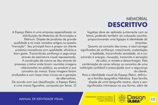MEMORIAL

DESCRITIVO
A Espaço Eletro é uma empresa especializada na
distribuição de Materiais de Iluminação e
Elétricos. Dispõe de produtos de grande
qualidade e os mais variados artigos no quesito
“inovação”. Seu principal foco é propor ao cliente
produtos inovadores com qualidade, eficácia e
bom gosto. Transmitindo confiança e segurança
através da assinatura visual representada.
A construção da marca se deu através do
processo criativo onde foram reunidas imagens
relacionadas ao público, ao produto e aos
conceitos da marca. Essas imagens foram
analisadas e com base nisso iniciou-se a geração
de alternativas.
De acordo com sua classificação, a Espaço Eletro
é uma marca figurativa, composta por letras. O

MANUAL DE IDENTIDADE VISUAL

logotipo deve ser aplicado juntamente com as
letras, podendo também ser colocado sozinho,
proporcionando uma ligação à identidade da
empresa.
Quanto ao conceito das cores, o azul carrega
significados de confiança, crescimento, sustentação
e lealdade, transmitindo seriedade. Já a cor
amarelo é energia, inovação, transmite a sensação
de calor, e remete a descontração. Esta
combinação de cores reforça os conceitos de uma
instituição confiável e preocupada com a segurança
do cliente.
Para a identidade visual da Espaço Eletro, definiuse a família tipográfica Helvetica. Essa família
dispõe de uma tipografia neutra, clara e sem
significados intrínsecos na sua forma, além de

UNIVERSIDADE LUTERANA DO BRASIL
CAMPUS CARAZINHO
CURSO DE DESIGN

15

 