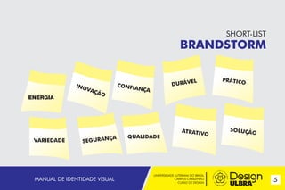 SHORT-LIST

BRANDSTORM

ENERGIA

VARIEDADE

EL

DURÁV

CONFIA

INO
VAÇ
Ã

NÇA

O

ÇA

SEGURAN

MANUAL DE IDENTIDADE VISUAL

QUALIDADE

ATRATIV
O

UNIVERSIDADE LUTERANA DO BRASIL
CAMPUS CARAZINHO
CURSO DE DESIGN

PRÁTICO

SOLUÇÃ

O

5

 