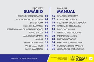 UNIVERSIDADE LUTERANA DO BRASIL
CAMPUS CARAZINHO
CURSO DE DESIGN
2MANUAL DE IDENTIDADE VISUAL
PROJETO
SUMÁRIO
DADOS DE IDENTIFICAÇÃO
METODOLOGIA DO PROJETO
BRANDSTORM
ESSÊNCIA DA MARCA
RETRATO DA MARCA (METAFORIZAÇÃO)
FOFA / S.W.O.T
MAPA DE EXPECTATIVA
NAMING
PAINEL DE SIMILARES
PAINEL SEMÂNTICO
PAINEL IMAGÉTICO
MANUAL
MANUAL
MEMORIAL DESCRITIVO
ASSINATURA GRÁFICA
GEOMETRIA E NORMATIZAÇÃO
MARGEM DE SEGURANÇA
DIMENSÃO MÍNIMA
ALFABETO INSTITUCIONAL
PADRÃO CROMÁTICO
POSITIVO NEGATIVO
MARCA EM TONS DE CINZA
CONTROLE SOBRE IMAGENS
APLICAÇÕES INSTITUCIONAIS
03
04
05
06
07
08
09
10
11
12
15
17
18
19
20
21
22
23
25
26
24
13
 