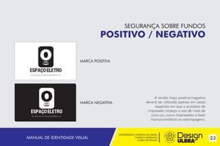 UNIVERSIDADE LUTERANA DO BRASIL
CAMPUS CARAZINHO
CURSO DE DESIGN
23MANUAL DE IDENTIDADE VISUAL
POSITIVO / NEGATIVO
A versão traço positivo/negativo
deverá ser utilizada apenas em casos
especiais em que o processo de
impressão impeça o uso de mais de
uma cor, como impressões a laser
monocromáticas ou estampagens.
MARCA POSITIVA
~
~
MARCA NEGATIVA
SEGURANÇA SOBRE FUNDOS
 