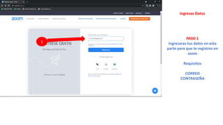 1
Ingresas Datos
PASO 1
Ingresaras tus datos en esta
parte para que te registres en
zoom
Requisitos
CORREO
CONTRASEÑA
 