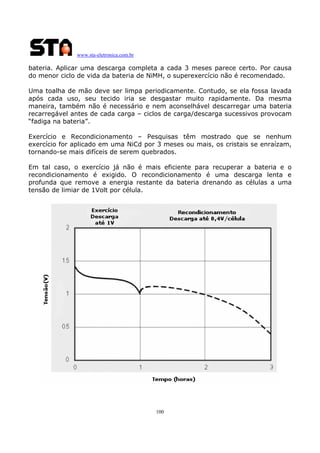 www.sta-eletronica.com.br
100
bateria. Aplicar uma descarga completa a cada 3 meses parece certo. Por causa
do menor ciclo de vida da bateria de NiMH, o superexercício não é recomendado.
Uma toalha de mão deve ser limpa periodicamente. Contudo, se ela fossa lavada
após cada uso, seu tecido iria se desgastar muito rapidamente. Da mesma
maneira, também não é necessário e nem aconselhável descarregar uma bateria
recarregável antes de cada carga – ciclos de carga/descarga sucessivos provocam
“fadiga na bateria”.
Exercício e Recondicionamento – Pesquisas têm mostrado que se nenhum
exercício for aplicado em uma NiCd por 3 meses ou mais, os cristais se enraízam,
tornando-se mais difíceis de serem quebrados.
Em tal caso, o exercício já não é mais eficiente para recuperar a bateria e o
recondicionamento é exigido. O recondicionamento é uma descarga lenta e
profunda que remove a energia restante da bateria drenando as células a uma
tensão de limiar de 1Volt por célula.
 