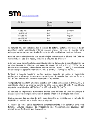 www.sta-eletronica.com.br
96
Mili-Ohm Tensão
Da
Bateria
Ranking
75-150 mΩ 3.6V Excelente
150-250 mΩ 3.6V Bom
250-350 mΩ 3.6V Regular
350-500 mΩ 3.6V Pobre
Acima de 500 mΩ 3.6V Falho
As leituras mΩ são relacionadas à tensão da bateria. Baterias de tensão maior
permitem maior resistência interna porque menos corrente é exigida para
entregar a mesma energia. A relação entre tensão e mΩ não é totalmente linear.
Existem certos componentes que estão sempre presentes se a bateria tem uma ou
várias células. São eles fiação, contatos e circuitos de proteção.
A temperatura também afeta a resistência interna da bateria. A resistência interna
de uma bateria de Lítio-íon, por exemplo, mede 50 mΩ a 25 °C (77°F). Se a
temperatura aumenta, a resistência interna diminui. A 40°C (104°C), a resistência
interna cai para aproximadamente 43 mΩ e a 60°C (140°F) para 40 mΩ.
Embora a bateria funcione melhor quando exposta ao calor, a exposição
prolongada a elevadas temperaturas é perigosa. A maioria das baterias fornece
um aumento de tensão momentâneo quando aquecidas.
Temperaturas frias têm um efeito drástico em todas as baterias. A 0°C (32°F), a
resistência interna da mesma bateria de Lítio-Íon cai para 70 mΩ. A resistência
aumenta para 80 mΩ a -10°C(50°F) e 100 mΩ a -20 °C (-4°F).
As leituras de impedância funcionam melhor com baterias de Lítio-Íon porque a
degradação do desempenho segue um padrão linear com oxidação da bateria.
O desempenho das baterias de NiMH pode também ser medido com o método de
impedância, mas as leituras são menos seguras.
A leitura de uma baixa resistência automaticamente não constitui uma boa
bateria. Leituras elevadas de impedância são freqüentemente causadas por
memória, um fenômeno que é reversível.
 
