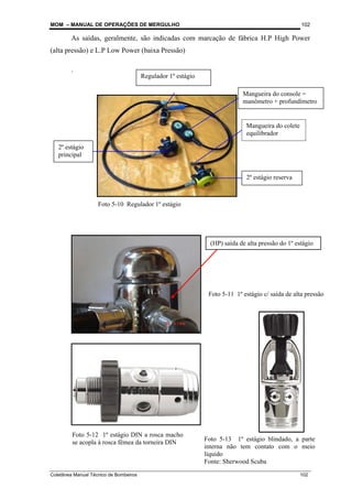 MOM – MANUAL DE OPERAÇÕES DE MERGULHO
Coletânea Manual Técnico de Bombeiros 102
102
As saídas, geralmente, são indicadas com marcação de fábrica H.P High Power
(alta pressão) e L.P Low Power (baixa Pressão)
.
Foto 5-11 1º estágio c/ saída de alta pressão
2º estágio
principal
2º estágio reserva
Mangueira do console =
manômetro + profundímetro
Mangueira do colete
equilibrador
Regulador 1º estágio
Foto 5-10 Regulador 1º estágio
Foto 5-12 1º estágio DIN a rosca macho
se acopla à rosca fêmea da torneira DIN
Foto 5-13 1º estágio blindado, a parte
interna não tem contato com o meio
líquido
Fonte: Sherwood Scuba
(HP) saída de alta pressão do 1º estágio
 