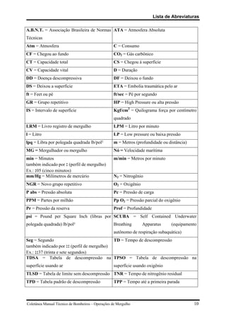 Lista de Abreviaturas
Coletânea Manual Técnico de Bombeiros – Operações de Mergulho 10
A.B.N.T. = Associação Brasileira de Normas
Técnicas
ATA = Atmosfera Absoluta
Atm = Atmosfera C = Consumo
CF = Chegou ao fundo CO2 = Gás carbônico
CT = Capacidade total CS = Chegou à superfície
CV = Capacidade vital D = Duração
DD = Doença descompressiva DF = Deixou o fundo
DS = Deixou a superfície ETA = Embolia traumática pelo ar
ft = Feet ou pé ft/sec = Pé por segundo
GR = Grupo repetitivo HP = High Pressure ou alta pressão
IS = Intervalo de superfície Kgf/cm2
= Quilograma força por centímetro
quadrado
LRM = Livro registro de mergulho LPM = Litro por minuto
l = Litro LP = Low pressure ou baixa pressão
lpq = Libra por polegada quadrada lb/pol² m = Metros (profundidade ou distância)
MG = Mergulhador ou mergulho Nó = Velocidade marítima
min = Minutos
também indicado por : (perfil de mergulho)
Ex.: :05 (cinco minutos)
m/min = Metros por minuto
mm/Hg = Milímetros de mercúrio N2 = Nitrogênio
NGR = Novo grupo repetitivo O2 = Oxigênio
P abs = Pressão absoluta Pc = Pressão de carga
PPM = Partes por milhão Pp O2 = Pressão parcial do oxigênio
Pr = Pressão da reserva Prof = Profundidade
psi = Pound per Square Inch (libras por
polegada quadrada) lb/pol²
SCUBA = Self Contained Underwater
Breathing Apparatus (equipamento
autônomo de respiração subaquática)
Seg = Segundo
também indicado por :: (perfil de mergulho)
Ex.: ::37 (trinta e sete segundos)
TD = Tempo de descompressão
TDSA = Tabela de descompressão na
superfície usando ar
TPSO = Tabela de descompressão na
superfície usando oxigênio
TLSD = Tabela de limite sem descompressão TNR = Tempo de nitrogênio residual
TPD = Tabela padrão de descompressão TPP = Tempo até a primeira parada
 
