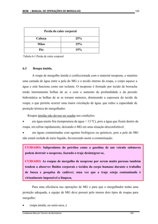 MOM – MANUAL DE OPERAÇÕES DE MERGULHO
Coletânea Manual Técnico de Bombeiros 125
125
6.3 Roupa úmida.
A roupa de mergulho úmida é confeccionada com o material neoprene, e mantém
uma camada de água entre a pela do MG e o tecido interno da roupa, o corpo aquece a
água e está funciona como um isolante. O neoprene é formado por tecido de borracha
tendo internamente bolhas de ar, e com o aumento de profundidade e da pressão
hidrostática as bolhas de ar se tornam menores, diminuindo a espessura do tecido da
roupa; o que permite ocorrer uma maior circulação de água, que reduz a capacidade de
proteção térmica do mergulhador.
Roupas úmidas não devem ser usadas nas condições:
• em água muito fria (temperatura da água < 13 ºC), pois a água que ficará dentro da
roupa, irá esfriar rapidamente, deixando o MG em uma situação desconfortável.
• em águas contaminadas com agentes biológicos ou químicos, pois a pele do MG
não estará isolada de meio líquido, favorecendo assim a contaminação.
Para uma eficiência nas operações de MG e para que o mergulhador tenha uma
proteção adequada, a equipe de MG deve possuir pelo menos dois tipos de roupas para
mergulho:
• roupa úmida, ou semi-seca, e
Perda do calor corporal
Cabeça 25%
Mãos 15%
Pés 15%
CUIDADO: Subprodutos do petróleo como a gasolina de um veículo submerso
podem destruir o neoprene, fazendo o traje desintegrar-se.
CUIDADO: As roupas de mergulho de neoprene por serem muito porosas também
tendem a absorver fluidos corporais e tecidos do corpo humano durante o trabalho
de busca e pesquisa de cadáver; uma vez que o traje esteja contaminado é
virtualmente impossível a limpeza.
Tabela 6-1 Perda de calor corporal
 