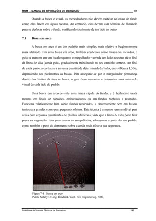 MOM – MANUAL DE OPERAÇÕES DE MERGULHO
Coletânea de Manuais Técnicos de Bombeiros 141
141
Quando a busca é visual, os mergulhadores não devem rastejar ao longo do fundo
como eles fazem em águas escuras. Ao contrário, eles devem usar técnicas de flutuação
para se deslocar sobre o fundo, verificando totalmente de um lado ao outro.
7.1 Busca em arco
A busca em arco é um dos padrões mais simples, mais efetivo e freqüentemente
mais utilizado. Em uma busca em arco, também conhecida como busca em meia-lua, o
guia se mantém em um local enquanto o mergulhador varre de um lado ao outro até o final
da linha de vida (corda guia), gradualmente trabalhando no seu caminho correto. Ao final
de cada passo, a corda pára em uma quantidade determinada da linha, entre 60cm a 1,50m,
dependendo dos parâmetros da busca. Para assegurar-se que o mergulhador permaneça
dentro dos limites da área de busca, o guia deve encontrar e determinar uma marcação
visual de cada lado do padrão.
Uma busca em arco permite uma busca rápida do fundo, e é facilmente usada
mesmo em finais de paredões, embarcadouros ou em fundos rochosos e pontudos.
Funciona relativamente bem sobre fundos recortados, e extremamente bem em buscas
tanto para grandes como para pequenos objetos. Esta técnica é a menos recomendável para
áreas com copiosas quantidades de plantas submersas, visto que a linha de vida pode ficar
presa na vegetação. Isso pode causar ao mergulhador, não apenas a perda do seu padrão,
como também o peso do detrimento sobre a corda pode afetar a sua segurança.
Figura 7-1 Busca em arco
Public Safety Diving. Hendrick,Walt. Fire Enginnering, 2000.
 