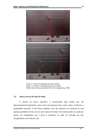 MOM – MANUAL DE OPERAÇÕES DE MERGULHO
Coletânea de Manuais Técnicos de Bombeiros 144
144
7.4 Busca através de cabo de fundo
A técnica de busca específica é recomendada para fundos que são
aproximadamente aplainados e para a busca de pequenos itens, como: armas, evidências, e
propriedades pessoais. É uma busca metódica, uma das melhores em cobertura de uma
grande quantidade de área em um curto espaço de tempo. Esta técnica pode ser usada por
apenas um mergulhador que é preso à superfície, ou pode ser utilizada por dois
mergulhadores sem linha de vida.
Figura 7-3 Busca Caminhada pelo píer-simples
Figura 7-4 Busca Caminhada pelo píer-em dupla
Public Safety Diving. Hendrick,Walt. Fire Enginnering, 2000.
 