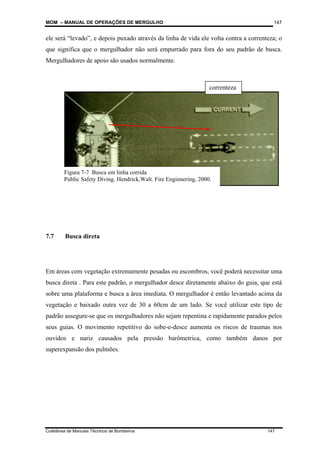 MOM – MANUAL DE OPERAÇÕES DE MERGULHO
Coletânea de Manuais Técnicos de Bombeiros 147
147
ele será “levado”, e depois puxado através da linha de vida ele volta contra a correnteza; o
que significa que o mergulhador não será empurrado para fora do seu padrão de busca.
Mergulhadores de apoio são usados normalmente.
7.7 Busca direta
Em áreas com vegetação extremamente pesadas ou escombros, você poderá necessitar uma
busca direta . Para este padrão, o mergulhador desce diretamente abaixo do guia, que está
sobre uma plataforma e busca a área imediata. O mergulhador é então levantado acima da
vegetação e baixado outra vez de 30 a 60cm de um lado. Se você utilizar este tipo de
padrão assegure-se que os mergulhadores não sejam repentina e rapidamente parados pelos
seus guias. O movimento repetitivo do sobe-e-desce aumenta os riscos de traumas nos
ouvidos e nariz causados pela pressão barômetrica, como também danos por
superexpansão dos pulmões.
Figura 7-7 Busca em linha corrida
Public Safety Diving. Hendrick,Walt. Fire Enginnering, 2000.
correnteza
 