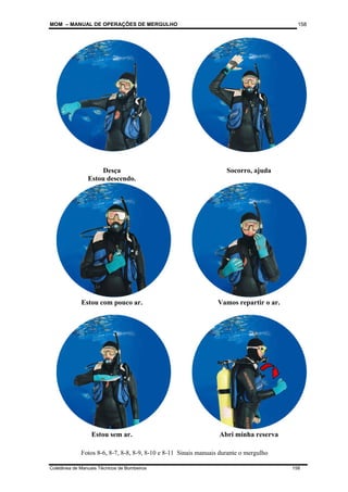 MOM – MANUAL DE OPERAÇÕES DE MERGULHO
Coletânea de Manuais Técnicos de Bombeiros 158
158
Desça
Estou descendo.
Socorro, ajuda
Estou com pouco ar. Vamos repartir o ar.
Estou sem ar. Abri minha reserva
Fotos 8-6, 8-7, 8-8, 8-9, 8-10 e 8-11 Sinais manuais durante o mergulho
 
