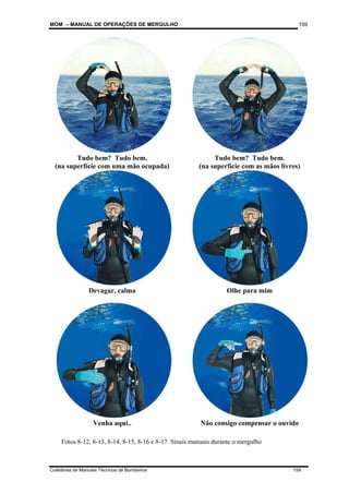 MOM – MANUAL DE OPERAÇÕES DE MERGULHO
Coletânea de Manuais Técnicos de Bombeiros 159
159
Tudo bem? Tudo bem.
(na superfície com uma mão ocupada)
Tudo bem? Tudo bem.
(na superfície com as mãos livres)
Devagar, calma Olhe para mim
Venha aqui.. Não consigo compensar o ouvido
Fotos 8-12, 8-13, 8-14, 8-15, 8-16 e 8-17 Sinais manuais durante o mergulho
 