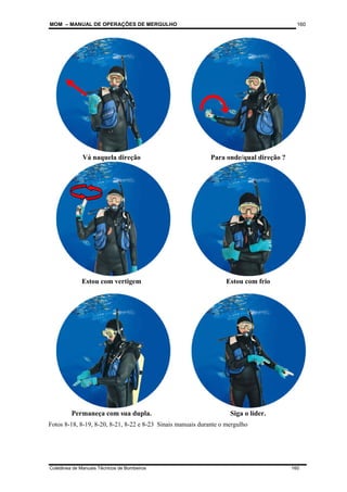 MOM – MANUAL DE OPERAÇÕES DE MERGULHO
Coletânea de Manuais Técnicos de Bombeiros 160
160
Vá naquela direção Para onde/qual direção ?
Estou com vertigem Estou com frio
Permaneça com sua dupla. Siga o líder.
Fotos 8-18, 8-19, 8-20, 8-21, 8-22 e 8-23 Sinais manuais durante o mergulho
 