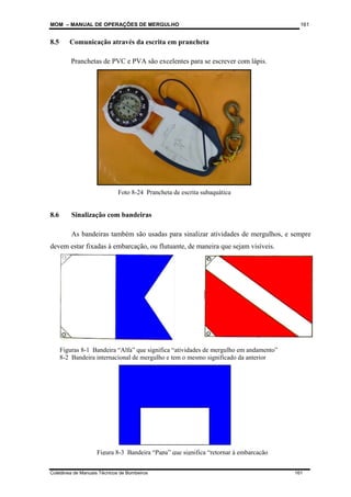 MOM – MANUAL DE OPERAÇÕES DE MERGULHO
Coletânea de Manuais Técnicos de Bombeiros 161
161
8.5 Comunicação através da escrita em prancheta
Pranchetas de PVC e PVA são excelentes para se escrever com lápis.
8.6 Sinalização com bandeiras
As bandeiras também são usadas para sinalizar atividades de mergulhos, e sempre
devem estar fixadas à embarcação, ou flutuante, de maneira que sejam visíveis.
Figuras 8-1 Bandeira “Alfa” que significa “atividades de mergulho em andamento”
8-2 Bandeira internacional de mergulho e tem o mesmo significado da anterior
Figura 8-3 Bandeira “Papa” que significa “retornar à embarcação
Foto 8-24 Prancheta de escrita subaquática
 
