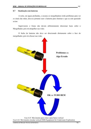 MOM – MANUAL DE OPERAÇÕES DE MERGULHO
Coletânea de Manuais Técnicos de Bombeiros 162
162
8.7 Sinalização com lanterna
A noite, em águas profundas, e escuras os mergulhadores terão problemas para ver
os sinais das mãos, deve-se portanto usar a lanterna para iluminar o que se está querendo
avisar.
Supervisores e Guias não devem arbitrariamente direcionar luzes sobre o
Mergulhador, pois irá atrapalhar sua visão.
O facho da lanterna não deve ser direcionado diretamente sobre a face do
mergulhador, pois irá ofuscar sua visão.
OK ou TUDO BEM
Problemas ou
Algo Errado
Foto 8-25 Movimento para cima e para baixo vertical
Foto 8-26 Movimento circular vertical OMS Equipment for Underwater Exploration
 