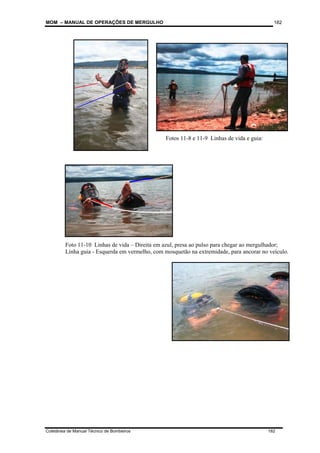 MOM – MANUAL DE OPERAÇÕES DE MERGULHO
Coletânea de Manual Técnico de Bombeiros 182
182
Fotos 11-8 e 11-9 Linhas de vida e guia:
Foto 11-10 Linhas de vida – Direita em azul, presa ao pulso para chegar ao mergulhador;
Linha guia - Esquerda em vermelho, com mosquetão na extremidade, para ancorar no veículo.
 