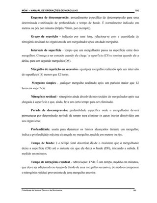 MOM – MANUAL DE OPERAÇÕES DE MERGULHO
Coletânea de Manual Técnico de Bombeiros
186
186
Esquema de descompressão: procedimento específico de descompressão para uma
determinada combinação de profundidade e tempo de fundo. É normalmente indicado em
metros ou pés por minutos (60pés/70min, por exemplo).
Grupo de repetição - indicado por uma letra, relaciona-se com a quantidade de
nitrogênio residual no organismo de um mergulhador após um dado mergulho.
Intervalo de superfície - tempo que um mergulhador passa na superfície entre dois
mergulhos. Começa a ser contado quando ele chega `a superfície (CS) e termina quando ele a
deixa, para um segundo mergulho (DS).
Mergulho de repetição ou sucessivo - qualquer mergulho realizado após um intervalo
de superfície (IS) menor que 12 horas.
Mergulho simples - qualquer mergulho realizado após um período maior que 12
horas na superfície.
Nitrogênio residual - nitrogênio ainda dissolvido nos tecidos do mergulhador após sua
chegada à superfície e que, ainda, leva um certo tempo para ser eliminado.
Parada de descompressão: profundidade específica onde o mergulhador deverá
permanecer por determinado período de tempo para eliminar os gases inertes dissolvidos em
seu organismo;
Profundidade: usada para demarcar os limites alcançados durante um mergulho;
indica a profundidade máxima alcançada no mergulho, medida em metros ou pés;
Tempo de fundo: é o tempo total decorrido desde o momento que o mergulhador
deixa a superfície (DS) até o instante em que ele deixa o fundo (DF), iniciando a subida. É
medido em minutos;
Tempo de nitrogênio residual - Abreviação: TNR. É um tempo, medido em minutos,
que deve ser adicionado ao tempo de fundo de uma mergulho sucessivo, de modo a compensar
o nitrogênio residual proveniente de uma mergulho anterior.
 