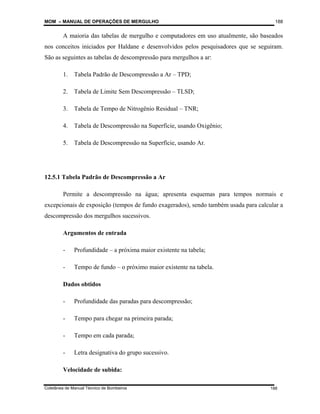 MOM – MANUAL DE OPERAÇÕES DE MERGULHO
Coletânea de Manual Técnico de Bombeiros
188
188
A maioria das tabelas de mergulho e computadores em uso atualmente, são baseados
nos conceitos iniciados por Haldane e desenvolvidos pelos pesquisadores que se seguiram.
São as seguintes as tabelas de descompressão para mergulhos a ar:
1. Tabela Padrão de Descompressão a Ar – TPD;
2. Tabela de Limite Sem Descompressão – TLSD;
3. Tabela de Tempo de Nitrogênio Residual – TNR;
4. Tabela de Descompressão na Superfície, usando Oxigênio;
5. Tabela de Descompressão na Superfície, usando Ar.
12.5.1 Tabela Padrão de Descompressão a Ar
Permite a descompressão na água; apresenta esquemas para tempos normais e
excepcionais de exposição (tempos de fundo exagerados), sendo também usada para calcular a
descompressão dos mergulhos sucessivos.
Argumentos de entrada
- Profundidade – a próxima maior existente na tabela;
- Tempo de fundo – o próximo maior existente na tabela.
Dados obtidos
- Profundidade das paradas para descompressão;
- Tempo para chegar na primeira parada;
- Tempo em cada parada;
- Letra designativa do grupo sucessivo.
Velocidade de subida:
 