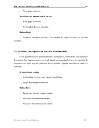 MOM – MANUAL DE OPERAÇÕES DE MERGULHO
Coletânea de Manual Técnico de Bombeiros
190
190
- Novo grupo sucessivo.
Segunda etapa: Argumentos de entrada
- Novo grupo sucessivo;
- Profundidade do novo mergulho.
Dados obtidos
- Tempo de nitrogênio residual a ser somado ao tempo de fundo do próximo
mergulho.
12.5.4 Tabela de Descompressão na Superfície, usando Oxigênio
Usada quando se dispõe de uma câmara de recompressão, com sistema para respiração
de oxigênio. Seu emprego ocorre, em geral, quando se necessita abreviar a permanência do
mergulhador na água, seja por problemas do mergulhador, seja por alteração das condições
ambientais.
Argumentos de entrada
- Profundidade próxima maior. No máximo 170 pés;
- Tempo de fundo próximo maior.
Dados obtidos
- Tempo para chegar à primeira parada;
- Paradas de descompressão na água;
- Paradas de descompressão em câmara.
 
