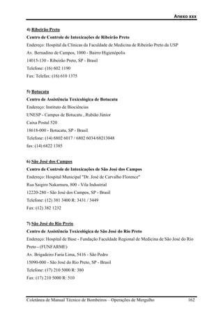 Anexo xxx
Coletânea de Manual Técnico de Bombeiros – Operações de Mergulho 162
4) Ribeirão Preto
Centro de Controle de Intoxicações de Ribeirão Preto
Endereço: Hospital da Clínicas da Faculdade de Medicina de Ribeirão Preto da USP
Av. Bernadino de Campos, 1000 - Bairro Higienópolis
14015-130 - Ribeirão Preto, SP - Brasil
Telefone: (16) 602 1190
Fax: Telefax: (16) 610 1375
5) Botucatu
Centro de Assistência Toxicológica de Botucatu
Endereço: Instituto de Biociências
UNESP - Campus de Botucatu , Rubião Júnior
Caixa Postal 520
18618-000 - Botucatu, SP - Brasil
Telefone: (14) 6802 6017 / 6802 6034/68213048
fax: (14) 6822 1385
6) São José dos Campos
Centro de Controle de Intoxicações de São José dos Campos
Endereço: Hospital Municipal "Dr. José de Carvalho Florence"
Rua Saigiro Nakamura, 800 - Vila Industrial
12220-280 - São José dos Campos, SP - Brasil
Telefone: (12) 381 3400 R: 3431 / 3449
Fax: (12) 382 1232
7) São José do Rio Preto
Centro de Assistência Toxicológica de São José do Rio Preto
Endereço: Hospital de Base - Fundação Faculdade Regional de Medicina de São José do Rio
Preto - (FUNFARME)
Av. Brigadeiro Faria Lima, 5416 - São Pedro
15090-000 - São José do Rio Preto, SP - Brasil
Telefone: (17) 210 5000 R: 380
Fax: (17) 210 5000 R: 510
 