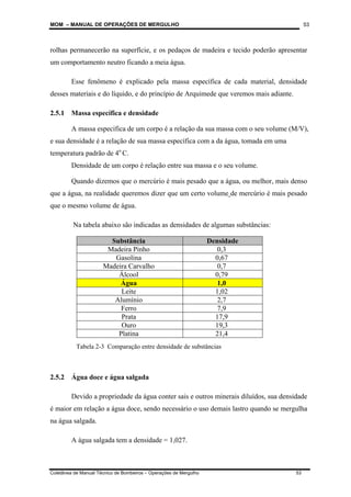 MOM – MANUAL DE OPERAÇÕES DE MERGULHO
Coletânea de Manual Técnico de Bombeiros – Operações de Mergulho 53
53
rolhas permanecerão na superfície, e os pedaços de madeira e tecido poderão apresentar
um comportamento neutro ficando a meia água.
Esse fenômeno é explicado pela massa específica de cada material, densidade
desses materiais e do líquido, e do princípio de Arquimede que veremos mais adiante.
2.5.1 Massa específica e densidade
A massa específica de um corpo é a relação da sua massa com o seu volume (M/V),
e sua densidade é a relação de sua massa específica com a da água, tomada em uma
temperatura padrão de 4o
C.
Densidade de um corpo é relação entre sua massa e o seu volume.
Quando dizemos que o mercúrio é mais pesado que a água, ou melhor, mais denso
que a água, na realidade queremos dizer que um certo volume de mercúrio é mais pesado
que o mesmo volume de água.
Na tabela abaixo são indicadas as densidades de algumas substâncias:
Substância Densidade
Madeira Pinho 0,3
Gasolina 0,67
Madeira Carvalho 0,7
Álcool 0,79
Água 1,0
Leite 1,02
Alumínio 2,7
Ferro 7,9
Prata 17,9
Ouro 19,3
Platina 21,4
2.5.2 Água doce e água salgada
Devido a propriedade da água conter sais e outros minerais diluídos, sua densidade
é maior em relação a água doce, sendo necessário o uso demais lastro quando se mergulha
na água salgada.
A água salgada tem a densidade = 1,027.
Tabela 2-3 Comparação entre densidade de substâncias
 