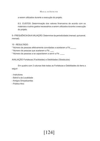 Manual do Instrutor
a serem utilizados durante a execução do projeto.
8.5. CUSTOS: Determinação dos valores financeiros de acordo com os
materiais e outros gastos necessários a serem utilizados durante a execução
do projeto.
9 - FREQUÊNCIA DA A VALIAÇÃO: Determinar da periodicidade (mensal, quinzenal,
mensal).
10 - RESULTADO:
* Número de pessoas efetivamente convidadas a aceitaram a Fé:_____
* Número de pessoas que aceitaram a Fé: ___
* Número de pessoas a se capacitarem a servir a Fé: ____
AVALIAÇÃO Fortalezas (Facilidades) e Debilidades (Obstáculos)
	
Em quadro com 3 colunas liste todas as Fortalezas e Debilidades do itens a
seguir:
- Instrutores
- Bahá’ís da Localidade
- Antigos Simpatizantes
- Público Alvo

[124]

 