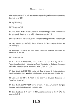 Manual do Instrutor

28. Carta datada de 19/03/1954, escrita em nome de Shoghi Effendi a uma Assembleia
Espiritual Local [20]
29. Veja extrato [8]
30. Veja extrato [15]
31. Carta datada de 13/03/1944, escrita em nome de Shoghi Effendi a uma sessão
de uma escola Bahá’í de inverno [9]; veja também extrato [11]
32. Carta datada de 25/03/1949, escrita em nome de Shoghi Effendi a um crente [14]
33. Carta datada de 30/06/1993, escrita em nome da Casa Universal de Justiça a
um crente [49]
34. Mensagem do Ridván de 1993, escrita pela Casa Universal de Justiça aos
Bahá’ís do mundo [48]
35. Veja extrato [40]
36. Carta datada de 13/06/1964, escrita pela Casa Universal de Justiça a todas as
Assembleias Espirituais Nacionais, conforme Weelspring of Guidance: Messages
1963-1968 (Wilmette: Bahá’í Publishing Trust, 1976)31-33 [23]
37. Carta datada de 02/02/1966, escrita pela Casa Universal de Justiça a todas as
Assembleias Espirituais Nacionais engajadas no trabalho de ensino maciço [25]
38. Mensagem do Ridván de 1990, escrita pela Casa Universal de Justiça aos
Bahá’ís do mundo [45]
39. Carta datada de 27/04/1981, escrita em nome da Casa Universal de Justiça a
todas as Assembleias Espirituais Nacionais [35]
40. Carta datada de 13 de março de 1944, escrita em nome de Shoghi Effendi a
uma crente [10]

[158]

 