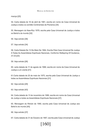 Manual do Instrutor
maciço [25]
54. Carta datada de 16 de abril de 1981, escrita em nome da Casa Universal de
Justiça a todos os comitês Continentais de Pioneiros [34]
55. Mensagem do Naw-Rúz 1979, escrita pela Casa Universal de Justiça a todos
os Bahá’ís do mundo [32]
56. Veja extrato [36]
57. Veja extrato [34]
58. Carta Datada De 13 De Maio De 1964, Escrita Pela Casa Universal De Justiça
A Todas As Assembleias Espirituais Nacionais, Conforme Wellspring Of Guidance,
31-33 [23]
59. Veja extrato [26]
60. carta datada de 11 de agosto de 1988, escrita em nome da Casa Universal de
Justiça a um crente [41]
61.Carta datada de 25 de maio de 1975, escrita pela Casa Universal de Justiça a
todas as Assembleias Espirituais Nacionais [31]
62. Veja extrato [29]
63. Veja extrato [43]
64. Carta datada de 13 de novembro de 1986, escrita em nome da Casa Universal
de Justiça a todas as Assembleias Espirituais Nacionais [37]
65. Mensagem do Ridván de 1990, escrita pela Casa Universal de Justiça aos
Bahá’ís do mundo [45]
66. Veja extrato [37]
67. Carta datada de 31 de Outubro de 1967, escrita pela Casa Universal de Justiça

[160]

 
