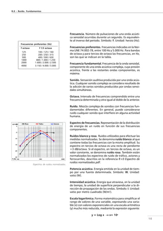 18
Frecuencia. Número de pulsaciones de una onda acústi-
ca senoidal ocurridas durante un segundo. Es equivalen-
te al inverso del período. Símbolo: f. Unidad: herzio (Hz).
Frecuencias preferentes. Frecuencias indicadas en la Nor-
ma UNE 74.002-78, entre 100 Hz y 5.000 Hz. Para bandas
de octava y para tercios de octava las frecuencias, en Hz,
son las que se indican en la tabla.
Frecuencia fundamental. Frecuencia de la onda senoidal,
componente de una onda acústica compleja, cuya presión
acústica, frente a las restantes ondas componentes, es
máxima.
Sonido. Sensación auditiva producida por una onda acús-
tica. Cualquier sonido complejo se considera resultado de
la adición de varios sonidos producidos por ondas senoi-
dales simultáneas.
Octava. Intervalo de frecuencias comprendido entre una
frecuencia determinada y otra igual al doble de la anterior.
Ruido. Mezcla compleja de sonidos con frecuencias fun-
damentales diferentes. En general, puede considerarse
ruido cualquier sonido que interfiere en alguna actividad
humana.
Espectro de frecuencias. Representación de la distribución
de energía de un ruido en función de sus frecuencias
componentes.
Ruidos blanco y rosa. Ruidos utilizados para efectuar las
medidas normalizadas. Se denomina ruido blanco al que
contiene todas las frecuencias con la misma amplitud. Su
espectro en tercios de octava es una recta de pendiente
+3 dB/octava. Si el espectro, en tercios de octava, es un
valor constante, se denomina ruido rosa. También están
normalizados los espectros de ruido de tráfico, aviones y
ferrocarriles, descritos en la referencia R+0 Espectro de
ruidos normalizados.pdf.
Potencia acústica. Energía emitida en la unidad de tiem-
po por una fuente determinada. Símbolo: W. Unidad:
vatio (W).
Intensidad acústica. Energía que atraviesa, en la unidad
de tiempo, la unidad de superficie perpendicular a la di-
rección de propagación de las ondas. Símbolo: I. Unidad:
vatio por metro cuadrado (W/m2
).
Escala logarítmica. Forma matemática para simplificar el
rango de valores de una variable, expresando una varia-
ble (x) con valores exponenciales en una escala aritmética
(y) mucho más reducida, mediante la expresión siguiente:
y = Log x →→→→→ x= 10y
R.0 - Ruido. Fundamentos
Frecuencias preferentes (Hz)
f octava f 1/3 octava
125 100 / 125 / 160
250 200 / 250 / 315
500 400 / 500 / 630
1000 800 / 1.000 / 1.250
2000 1.600 / 2.000 / 2.500
4000 3.150 / 4.000 / 5.000
Espectros de ruidos normalizados.
 