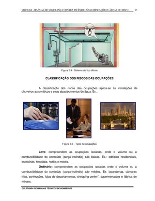 MSCIEAR –MANUAL DE SEGURANÇA CONTRA INCÊNDIO NAS EDIFICAÇÕES E ÁREAS DE RISCO
COLETÂNEA DE MANUAIS TÉCNICOS DE BOMBEIROS
25
Figura 5.4 - Sistema do tipo dilúvio
CLASSIFICAÇÃO DOS RISCOS DAS OCUPAÇÕES
A classificação dos riscos das ocupações aplica-se às instalações de
chuveiros automáticos e seus abastecimentos de água. Ex.:
Figura 5.5 – Tipos de ocupações
Leve: compreendem as ocupações isoladas, onde o volume ou a
combustibilidade do conteúdo (carga-incêndio) são baixos. Ex.: edifícios residenciais,
escritórios, hospitais, hotéis e motéis.
Ordinário: compreendem as ocupações isoladas onde o volume ou a
combustibilidade do conteúdo (carga-incêndio) são médios. Ex: lavanderias, câmaras
frias, confecções, lojas de departamentos, shopping center”, supermercados e fábrica de
móveis.
 