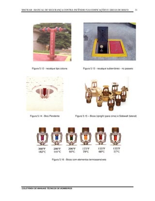 MSCIEAR –MANUAL DE SEGURANÇA CONTRA INCÊNDIO NAS EDIFICAÇÕES E ÁREAS DE RISCO
COLETÂNEA DE MANUAIS TÉCNICOS DE BOMBEIROS
31
Figura 5.12 - recalque tipo coluna Figura 5.13 - recalque subterrâneo - no passeio
Figura 5.14 - Bico Pendente Figura 5.15 – Bicos Upright (para cima) e Sidewall (lateral)
Figura 5.16 - Bicos com elementos termossensíveis
 