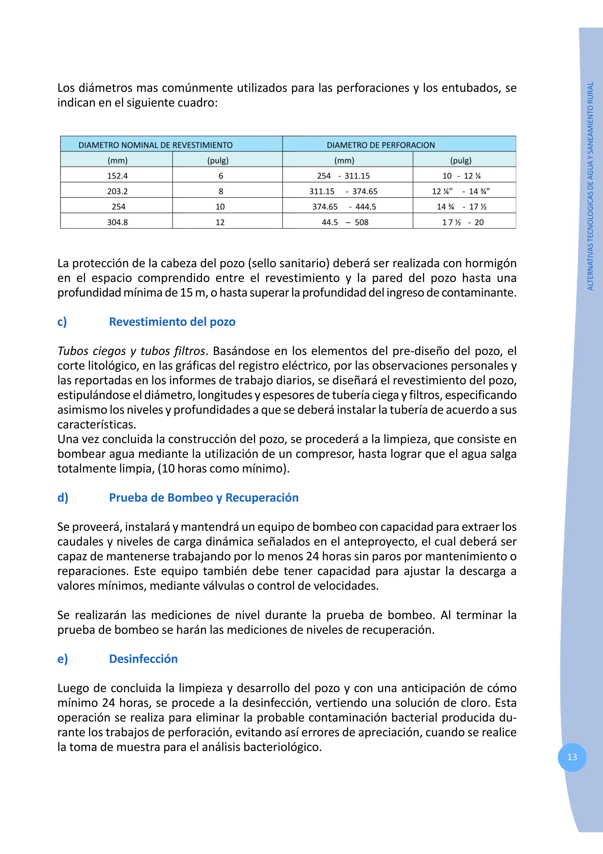 13
ALTERNATIVAS
TECNOLOGICAS
DE
AGUA
Y
SANEAMIENTO
RURAL
Los diámetros mas comúnmente utilizados para las perforaciones y los entubados, se
indican en el siguiente cuadro:
La protección de la cabeza del pozo (sello sanitario) deberá ser realizada con hormigón
en el espacio comprendido entre el revestimiento y la pared del pozo hasta una
profundidadmínimade15m,ohastasuperarlaprofundidaddelingresodecontaminante.
c) Revestimiento del pozo
Tubos ciegos y tubos filtros. Basándose en los elementos del pre-diseño del pozo, el
corte litológico, en las gráficas del registro eléctrico, por las observaciones personales y
las reportadas en los informes de trabajo diarios, se diseñará el revestimiento del pozo,
estipulándose el diámetro, longitudes y espesores de tubería ciega y filtros, especificando
asimismo los niveles y profundidades a que se deberá instalar la tubería de acuerdo a sus
características.
Una vez concluida la construcción del pozo, se procederá a la limpieza, que consiste en
bombear agua mediante la utilización de un compresor, hasta lograr que el agua salga
totalmente limpia, (10 horas como mínimo).
d) Prueba de Bombeo y Recuperación
Se proveerá, instalará y mantendrá un equipo de bombeo con capacidad para extraer los
caudales y niveles de carga dinámica señalados en el anteproyecto, el cual deberá ser
capaz de mantenerse trabajando por lo menos 24 horas sin paros por mantenimiento o
reparaciones. Este equipo también debe tener capacidad para ajustar la descarga a
valores mínimos, mediante válvulas o control de velocidades.
Se realizarán las mediciones de nivel durante la prueba de bombeo. Al terminar la
prueba de bombeo se harán las mediciones de niveles de recuperación.
e) Desinfección
Luego de concluida la limpieza y desarrollo del pozo y con una anticipación de cómo
mínimo 24 horas, se procede a la desinfección, vertiendo una solución de cloro. Esta
operación se realiza para eliminar la probable contaminación bacterial producida du-
rante los trabajos de perforación, evitando así errores de apreciación, cuando se realice
la toma de muestra para el análisis bacteriológico.
 