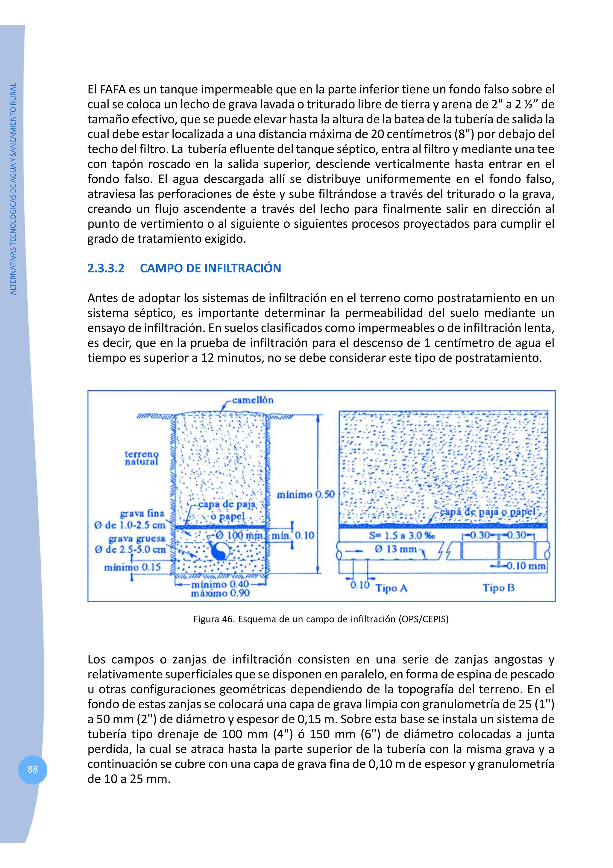 ALTERNATIVAS
TECNOLOGICAS
DE
AGUA
Y
SANEAMIENTO
RURAL
88
El FAFA es un tanque impermeable que en la parte inferior tiene un fondo falso sobre el
cual se coloca un lecho de grava lavada o triturado libre de tierra y arena de 2" a 2 ½” de
tamaño efectivo, que se puede elevar hasta la altura de la batea de la tubería de salida la
cual debe estar localizada a una distancia máxima de 20 centímetros (8") por debajo del
techo del filtro. La tubería efluente del tanque séptico, entra al filtro y mediante una tee
con tapón roscado en la salida superior, desciende verticalmente hasta entrar en el
fondo falso. El agua descargada allí se distribuye uniformemente en el fondo falso,
atraviesa las perforaciones de éste y sube filtrándose a través del triturado o la grava,
creando un flujo ascendente a través del lecho para finalmente salir en dirección al
punto de vertimiento o al siguiente o siguientes procesos proyectados para cumplir el
grado de tratamiento exigido.
2.3.3.2 CAMPO DE INFILTRACIÓN
Antes de adoptar los sistemas de infiltración en el terreno como postratamiento en un
sistema séptico, es importante determinar la permeabilidad del suelo mediante un
ensayo de infiltración. En suelos clasificados como impermeables o de infiltración lenta,
es decir, que en la prueba de infiltración para el descenso de 1 centímetro de agua el
tiempo es superior a 12 minutos, no se debe considerar este tipo de postratamiento.
Figura 46. Esquema de un campo de infiltración (OPS/CEPIS)
Los campos o zanjas de infiltración consisten en una serie de zanjas angostas y
relativamente superficiales que se disponen en paralelo, en forma de espina de pescado
u otras configuraciones geométricas dependiendo de la topografía del terreno. En el
fondo de estas zanjas se colocará una capa de grava limpia con granulometría de 25 (1")
a 50 mm (2") de diámetro y espesor de 0,15 m. Sobre esta base se instala un sistema de
tubería tipo drenaje de 100 mm (4") ó 150 mm (6") de diámetro colocadas a junta
perdida, la cual se atraca hasta la parte superior de la tubería con la misma grava y a
continuación se cubre con una capa de grava fina de 0,10 m de espesor y granulometría
de 10 a 25 mm.
 