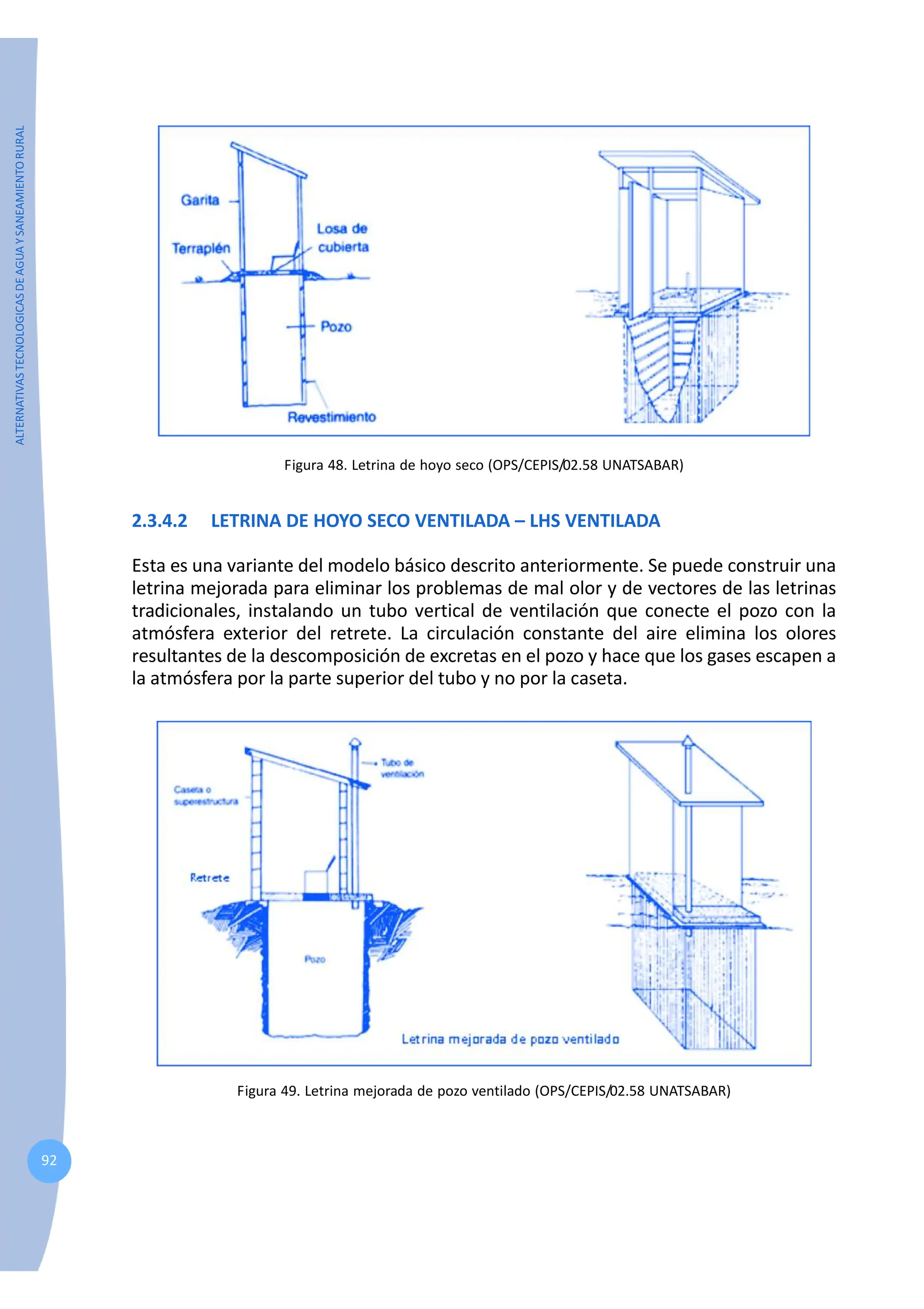 ALTERNATIVAS
TECNOLOGICAS
DE
AGUA
Y
SANEAMIENTO
RURAL
92
Figura 48. Letrina de hoyo seco (OPS/CEPIS/02.58 UNATSABAR)
2.3.4.2 LETRINA DE HOYO SECO VENTILADA – LHS VENTILADA
Esta es una variante del modelo básico descrito anteriormente. Se puede construir una
letrina mejorada para eliminar los problemas de mal olor y de vectores de las letrinas
tradicionales, instalando un tubo vertical de ventilación que conecte el pozo con la
atmósfera exterior del retrete. La circulación constante del aire elimina los olores
resultantes de la descomposición de excretas en el pozo y hace que los gases escapen a
la atmósfera por la parte superior del tubo y no por la caseta.
Figura 49. Letrina mejorada de pozo ventilado (OPS/CEPIS/02.58 UNATSABAR)
 