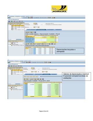 Página 36 de 43
Valores de depreciação e residual.
É possível comparar as áreas de
avaliações
Depreciações lançadas e
planejadas
 