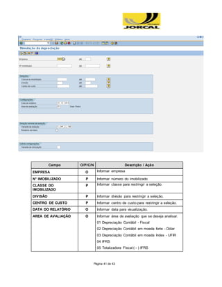 Página 41 de 43
Campo O/P/C/N Descrição / Ação
EMPRESA O Informar empresa
N° IMOBILIZADO P Informar número do imobilizado
CLASSE DO
IMOBILIZADO
P Informar classe para restringir a seleção.
DIVISÃO P Informar divisão para restringir a seleção.
CENTRO DE CUSTO P Informar centro de custo para restringir a seleção.
DATA DO RELATÓRIO O Informar data para visualização.
AREA DE AVALIAÇÃO O Informar área de avaliação que se deseja analisar.
01 Depreciação Contábil - Fiscal
02 Depreciação Contábil em moeda forte - Dólar
03 Depreciação Contábil em moeda Index - UFIR
04 IFRS
05 Totalizadora Fiscal ( - ) IFRS
 