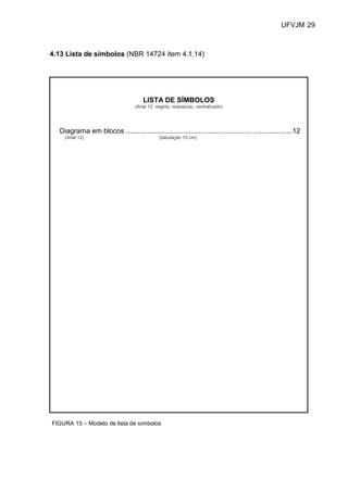 UFVJM 29



4.13 Lista de símbolos (NBR 14724 item 4.1.14)




                                       LISTA DE SÍMBOLOS
                                   (Arial 12, negrito, maiúsculo, centralizado)




  Diagrama em blocos ................................................................ ....................12
    (Arial 12)                                 (tabulação 15 cm)




FIGURA 15 – Modelo de lista de símbolos
 