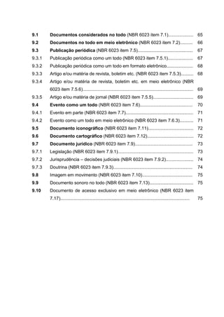 9.1     Documentos considerados no todo (NBR 6023 item 7.1).................... 65
9.2     Documentos no todo em meio eletrônico (NBR 6023 item 7.2)..........                                            66
9.3     Publicação periódica (NBR 6023 item 7.5)............................................                           67
9.3.1   Publicação periódica como um todo (NBR 6023 item 7.5.1)....................                                    67
9.3.2   Publicação periódica como um todo em formato eletrônico.....................                                   68
9.3.3   Artigo e/ou matéria de revista, boletim etc. (NBR 6023 item 7.5.3).......... 68
9.3.4   Artigo e/ou matéria de revista, boletim etc. em meio eletrônico (NBR
        6023 item 7.5.6)........................................................................................       69
9.3.5   Artigo e/ou matéria de jornal (NBR 6023 item 7.5.5)................................ 69
9.4     Evento como um todo (NBR 6023 item 7.6)..........................................                              70
9.4.1   Evento em parte (NBR 6023 item 7.7)...................................................... 71
9.4.2   Evento como um todo em meio eletrônico (NBR 6023 item 7.6.3)........... 71
9.5     Documento iconográfico (NBR 6023 item 7.11).................................... 72
9.6     Documento cartográfico (NBR 6023 item 7.12)..................................... 72
9.7     Documento jurídico (NBR 6023 item 7.9)..............................................                           73
9.7.1   Legislação (NBR 6023 item 7.9.1)............................................................                   73
9.7.2   Jurisprudência – decisões judiciais (NBR 6023 item 7.9.2)...................... 74
9.7.3   Doutrina (NBR 6023 item 7.9.3)...............................................................                  74
9.8     Imagem em movimento (NBR 6023 item 7.10)........................................                               75
9.9     Documento sonoro no todo (NBR 6023 item 7.13)................................... 75
9.10    Documento de acesso exclusivo em meio eletrônico (NBR 6023 item
        7.17).......................................................................................................   75
 
