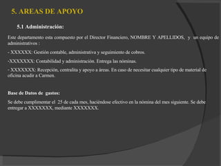 5.1 Administración: Este departamento esta compuesto por el Director Financiero, NOMBRE Y APELLIDOS,  y  un equipo de administrativos : - XXXXXX: Gestión contable, administrativa y seguimiento de cobros. XXXXXXX: Contabilidad y administración. Entrega las nóminas. XXXXXXX: Recepción, centralita y apoyo a áreas. En caso de necesitar cualquier tipo de material de oficina acudir a Carmen. Base de Datos de  gastos: Se debe cumplimentar el  25 de cada mes, haciéndose  efectivo en la nómina del mes siguiente. Se debe entregar a XXXXXXX, mediante XXXXXXX. 5. AREAS DE APOYO 