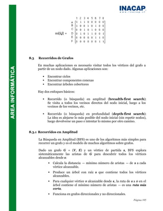 mi[i,j] =




8.3   Recorridos de Grafos

      En muchas aplicaciones es necesario visitar todos los vértices del grafo a
      partir de un nodo dado. Algunas aplicaciones son:

         •   Encontrar ciclos
         •   Encontrar componentes conexas
         •   Encontrar árboles cobertores

      Hay dos enfoques básicos:

         •   Recorrido (o búsqueda) en amplitud (breadth-first search):
             Se visita a todos los vecinos directos del nodo inicial, luego a los
             vecinos de los vecinos, etc.

         •   Recorrido (o búsqueda) en profundidad (depth-first search):
             La idea es alejarse lo más posible del nodo inicial (sin repetir nodos),
             luego devolverse un paso e intentar lo mismo por otro camino.


8.3.1 Recorridos en Amplitud

      La Búsqueda en Amplitud (BFS) es uno de los algoritmos más simples para
      recorrer un grafo y es el modelo de muchos algoritmos sobre grafos.

      Dado un grafo G = (V, E) y un vértice de partida s, BFS explora
      sistemáticamente las aristas de G para descubrir todos los vértices
      alcanzables desde s:
             •   Calcula la distancia — mínimo número de aristas — de s a cada
                 vértice alcanzable.
             •   Produce un árbol con raíz s que contiene todos los vértices
                 alcanzables.
             •   Para cualquier vértice v alcanzable desde s, la ruta de s a v en el
                 árbol contiene el mínimo número de aristas — es una ruta más
                 corta.
             •   Funciona en grafos direccionales y no direccionales.
                                                                           Página 105
 