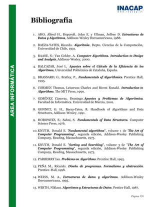 Bibliografía
1. AHO, Alfred H., Hopcroft, John E. y Ullman, Jeffrey D. Estructuras de
   Datos y Algoritmos, Addison-Wesley Iberoamericana, 1988.

2. BAEZA-YATES, Ricardo. Algoritmia, Depto. Ciencias de la Computación,
   Universidad de Chile, 1991.

3. BAASE, S.; Van Gelder, A. Computer Algorithms. Introduction to Design
   and Analysis. Addison-Wesley, 2000.

4. BALCAZAR, José L. Apuntes sobre el Cálculo de la Eficiencia de los
   Algoritmos, Universidad Politécnica de Cataluña, España.

5. BRASSARD, G., Bratley, P., Fundamentals of Algorithmics. Prentice Hall,
   1995.

6. CORMEN Thomas, Leiserson Charles and Rivest Ronald. Introduction to
   Algorithms. The MIT Press, 1990.

7. GIMÉNEZ Cánovas, Domingo. Apuntes y Problemas de Algorítmica.
   Facultad de Informática. Universidad de Murcia, 2001.

8. GONNET, G. H., Baeza-Yates, R. Handbook of Algorithms and Data
   Structures, Addison-Wesley, 1991.

9. HOROWITZ, E.; Sahni, S. Fundamentals of Data Structures. Computer
   Science Press, 1976.

10. KNUTH, Donald E. "Fundamental algorithms", volume 1 de "
                                                           The Art of
    Computer Programming", segunda edición, Addison-Wesley Publishing
    Company, Reading, Massachusetts, 1973.

11. KNUTH, Donald E. "Sorting and Searching", volume 3 de "The Art of
    Computer Programming", segunda edición, Addison-Wesley Publishing
    Company, Reading, Massachusetts, 1973.

12. PARBERRY Ian. Problems on Algorithms. Prentice Hall, 1995.

13. PEÑA M., Ricardo. Diseño de programas. Formalismo y abstracción.
    Prentice-Hall, 1998.

14. WEISS, M. A., Estructuras de datos y algoritmos. Addison-Wesley
    Iberoamericana, 1995.

15. WIRTH, Niklaus. Algoritmos y Estructuras de Datos. Pentice Hall, 1987.

                                                                    Página 128
 