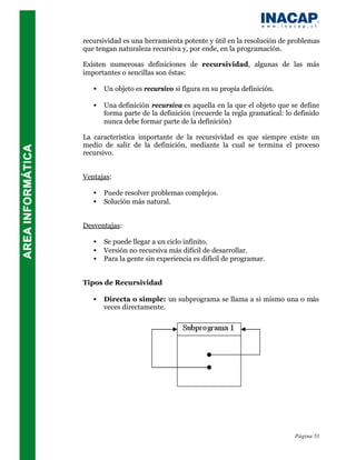 recursividad es una herramienta potente y útil en la resolución de problemas
que tengan naturaleza recursiva y, por ende, en la programación.

Existen numerosas definiciones de recursividad, algunas de las más
importantes o sencillas son éstas:

   •   Un objeto es recursivo si figura en su propia definición.

   •   Una definición recursiva es aquella en la que el objeto que se define
       forma parte de la definición (recuerde la regla gramatical: lo definido
       nunca debe formar parte de la definición)

La característica importante de la recursividad es que siempre existe un
medio de salir de la definición, mediante la cual se termina el proceso
recursivo.


Ventajas:

   •   Puede resolver problemas complejos.
   •   Solución más natural.


Desventajas:

   •   Se puede llegar a un ciclo infinito.
   •   Versión no recursiva más difícil de desarrollar.
   •   Para la gente sin experiencia es difícil de programar.


Tipos de Recursividad

   •   Directa o simple: un subprograma se llama a si mismo una o más
       veces directamente.




                                                                     Página 53
 