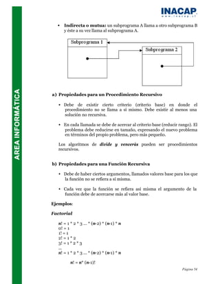 •   Indirecta o mutua: un subprograma A llama a otro subprograma B
      y éste a su vez llama al subprograma A.




a) Propiedades para un Procedimiento Recursivo

   • Debe de existir cierto criterio (criterio base) en donde el
     procedimiento no se llama a sí mismo. Debe existir al menos una
     solución no recursiva.

   • En cada llamada se debe de acercar al criterio base (reducir rango). El
     problema debe reducirse en tamaño, expresando el nuevo problema
     en términos del propio problema, pero más pequeño.

   Los algoritmos de divide y vencerás pueden ser procedimientos
   recursivos.


b) Propiedades para una Función Recursiva

   • Debe de haber ciertos argumentos, llamados valores base para los que
     la función no se refiera a sí misma.

   • Cada vez que la función se refiera así misma el argumento de la
     función debe de acercarse más al valor base.

Ejemplos:

Factorial

   n! = 1 * 2 * 3 ... * (n-2) * (n-1) * n
   0! = 1
   1! = 1
   2! = 1 * 2
   3! = 1 * 2 * 3
   ...
   n! = 1 * 2 * 3 ... * (n-2) * (n-1) * n

      ⇒ n! = n* (n-1)!
                                                                    Página 54
 