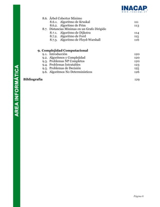 8.6. Árbol Cobertor Mínimo
                8.6.1. Algoritmo de Kruskal               111
                8.6.2. Algoritmo de Prim                  113
           8.7. Distancias Mínimas en un Grafo Dirigido
                8.7.1. Algoritmo de Dijkstra              114
                8.7.2. Algoritmo de Ford                  115
                8.7.3. Algoritmo de Floyd-Warshall        116


        9. Complejidad Computacional
           9.1. Introducción                              120
           9.2. Algoritmos y Complejidad                  120
           9.3. Problemas NP Completos                    120
           9.4. Problemas Intratables                     123
           9.5. Problemas de Decisión                     125
           9.6. Algoritmos No Determinísticos             126

Bibliografía                                              129




                                                          Página 6
 
