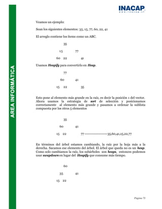 Veamos un ejemplo:

Sean los siguientes elementos: 35, 15, 77, 60, 22, 41

El arreglo contiene los ítems como un ABC.

                         35

                 15           77

               60        22        41

Usamos Heapify para convertirlo en Heap.

                         77

                    60        41

               15        22        35


Esto pone al elemento más grande en la raíz, es decir la posición 1 del vector.
Ahora usamos la estrategia de sort de selección y posicionamos
correctamente al elemento más grande y pasamos a ordenar la sublista
compuesta por los otros 5 elementos


                         35

                    60        41

               15     22           77 -------------------35,60,41,15,22,77


En términos del árbol estamos cambiando, la raíz por la hoja más a la
derecha. Sacamos ese elemento del árbol. El árbol que queda no es un heap.
Como solo cambiamos la raíz, los subárboles son heaps, entonces podemos
usar swapdown en lugar del Heapify que consume más tiempo.


                         60

                    35        41

               15     22




                                                                             Página 73
 